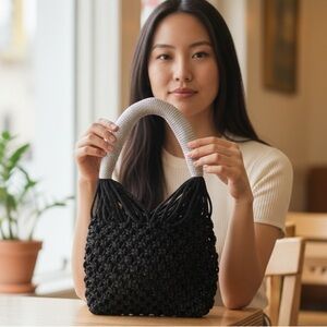 HANDMADE BLACK MACRAME TOTE BAG WITH WRAPPED HANDLE – BOHO CHIC STRUCTURED PURSE